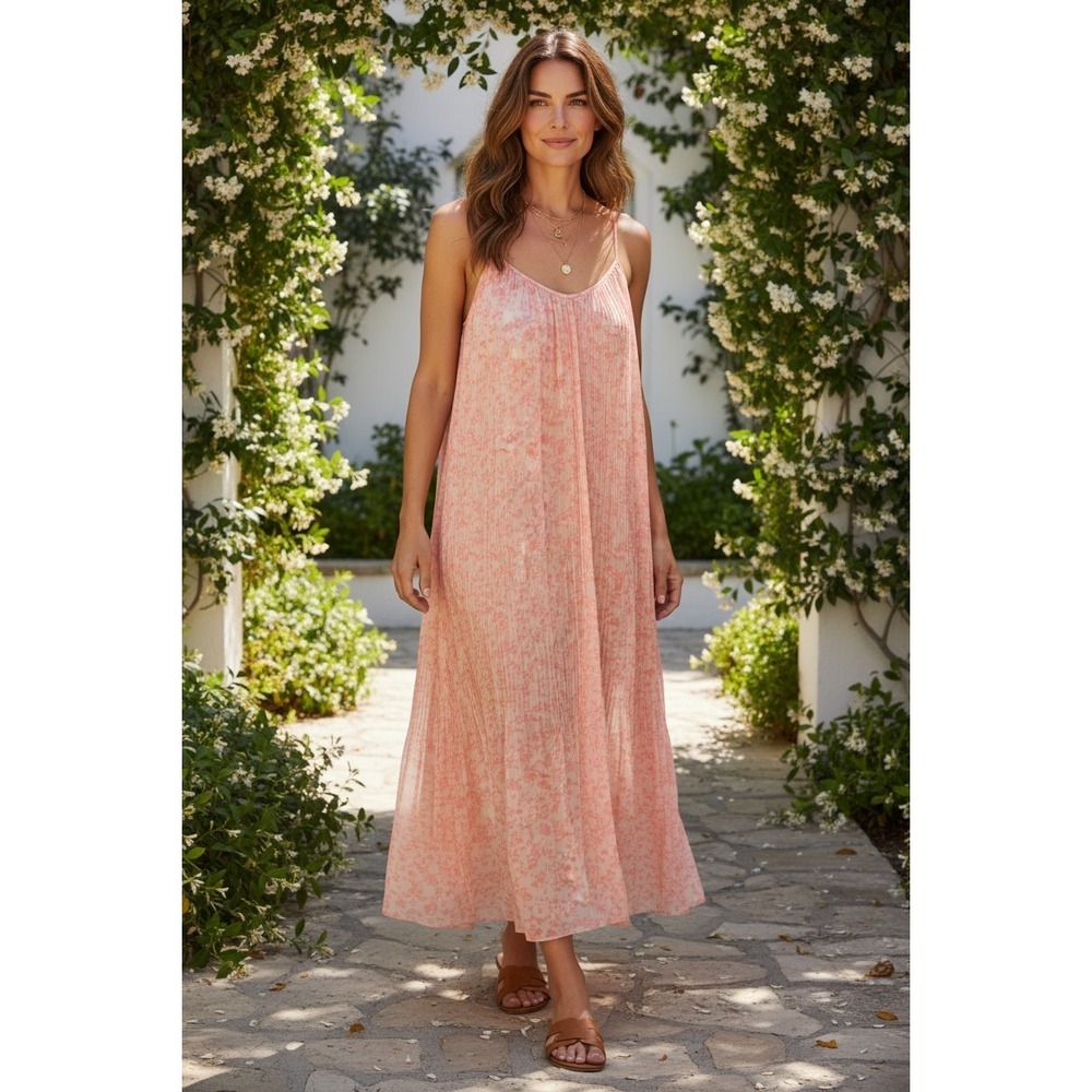 Toxik Peach‎ floral maxi Summer dress pleated spaghetti strap long dress boho S